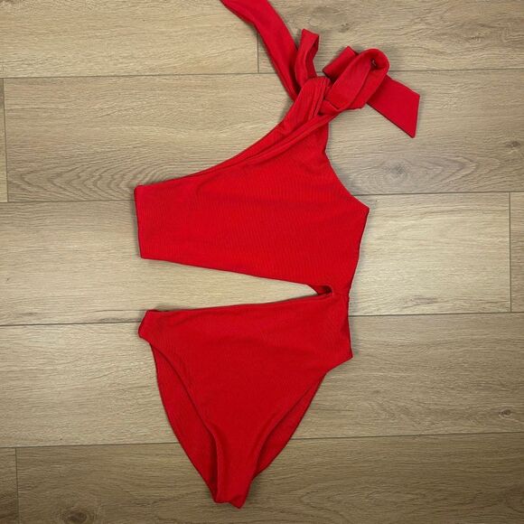 Skin by SAME Cut Out One Piece Swimsuit in Ribbed Red Sz L - Picture 3 of 6